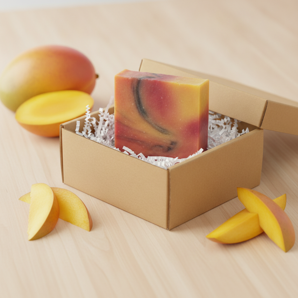 Mango Delight Soap Bar in a gift box with mango slices and shredded paper filler.
