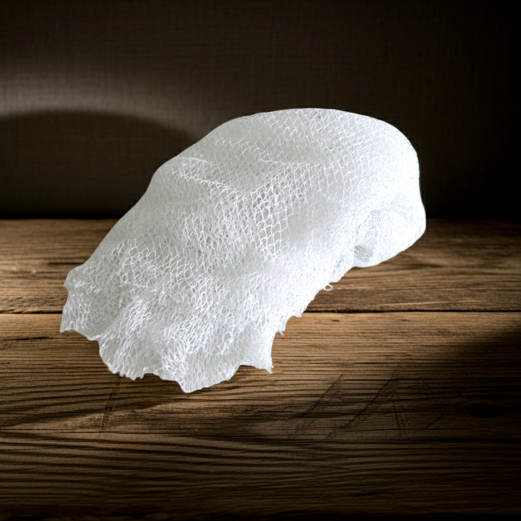 A warm product image of the White Sapo Sponge from The White Line by Mama Aswan displayed on a wooden surface to highlight its texture and shape.