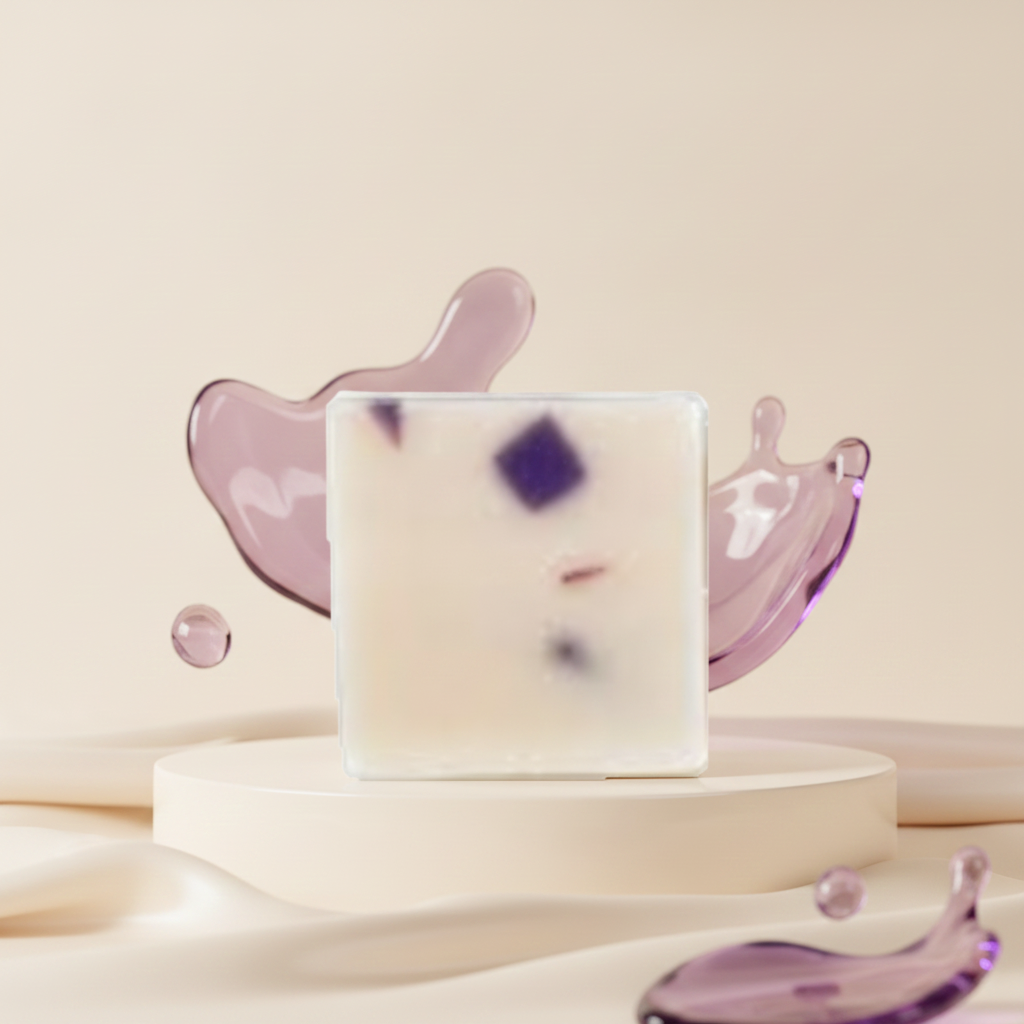 Black Raspberry Vanilla Soap Bar on a cream pedestal with purple berry splash styling.