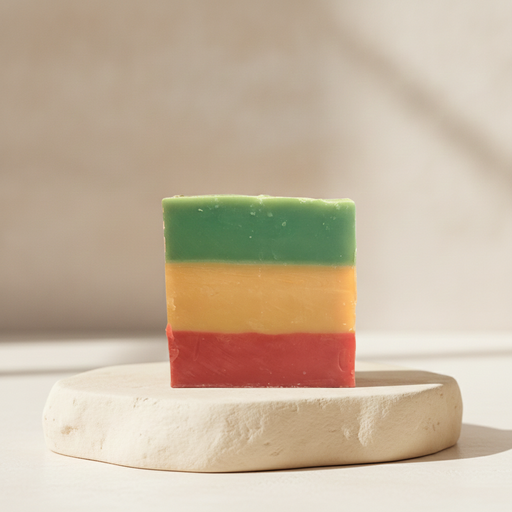 Rasta Roots soap with green, gold, and red horizontal layers displayed on a cream pedestal against a warm neutral background.