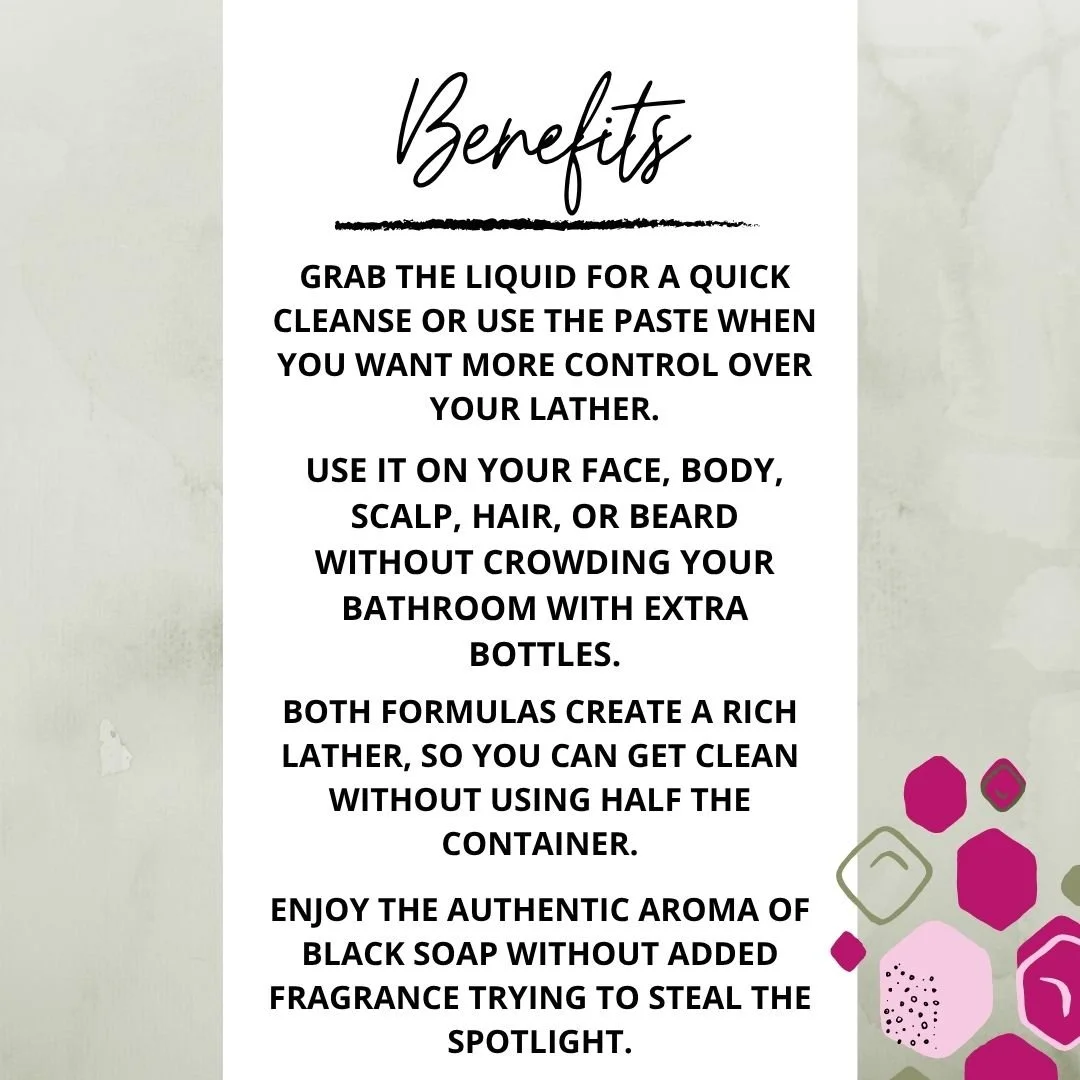 Benefits graphic for the Black Soap Two Ways bundle highlighting liquid and paste textures, rich lather, and multipurpose cleansing.