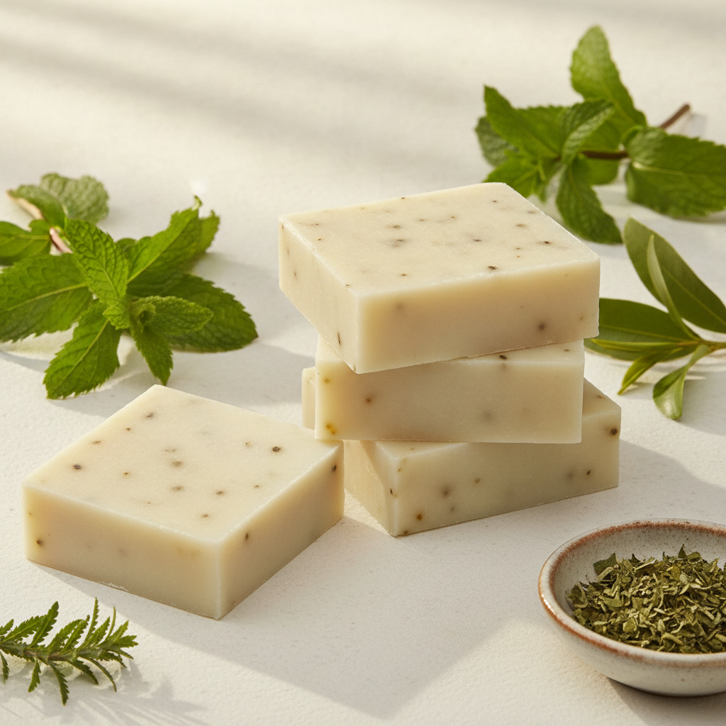 Tea Tree Mint Soap Bars stacked with fresh mint leaves, tea tree leaves, and dried herbs on a light surface.