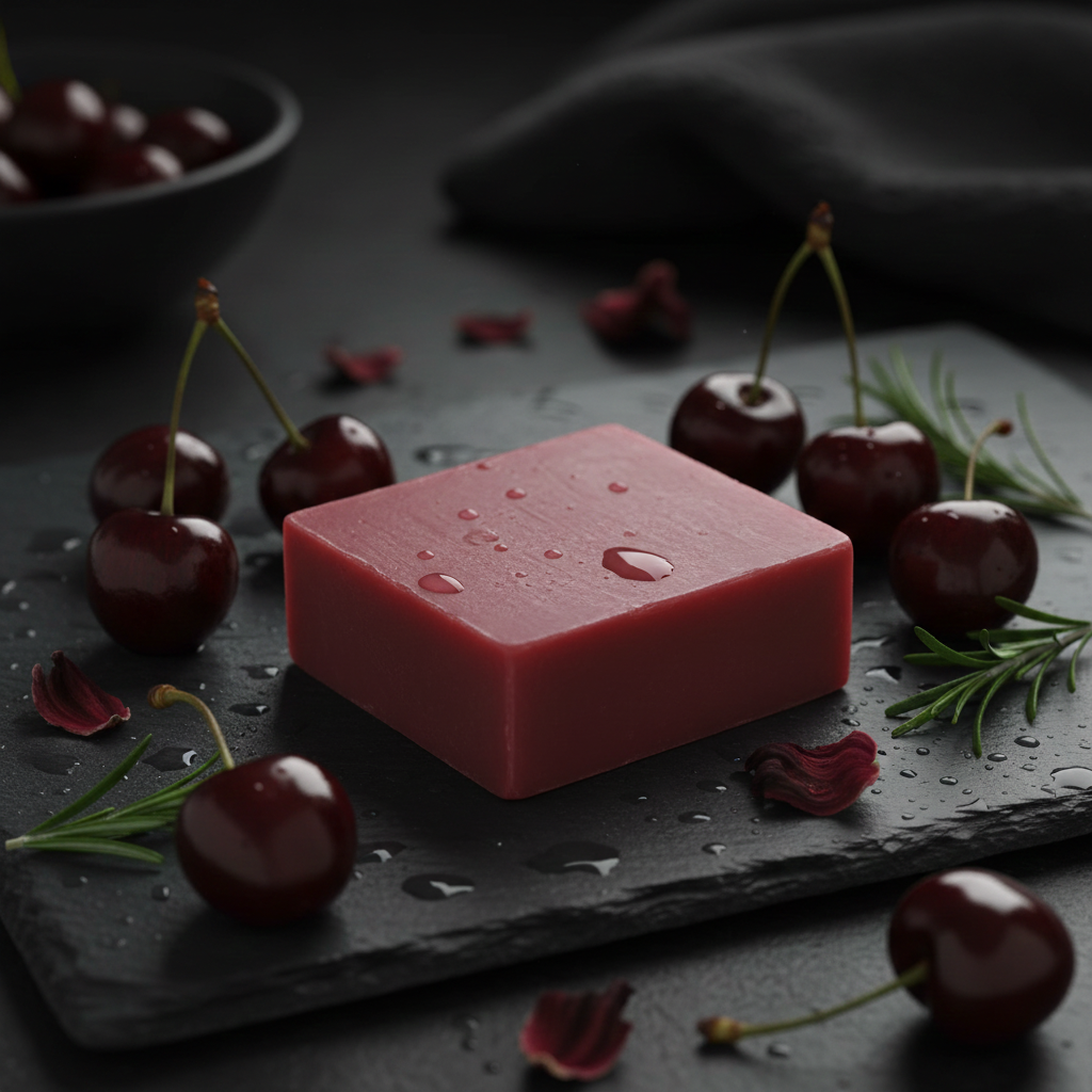 Midnight Cherry soap bar styled with fresh cherries, rosemary, and water droplets on a dark tray