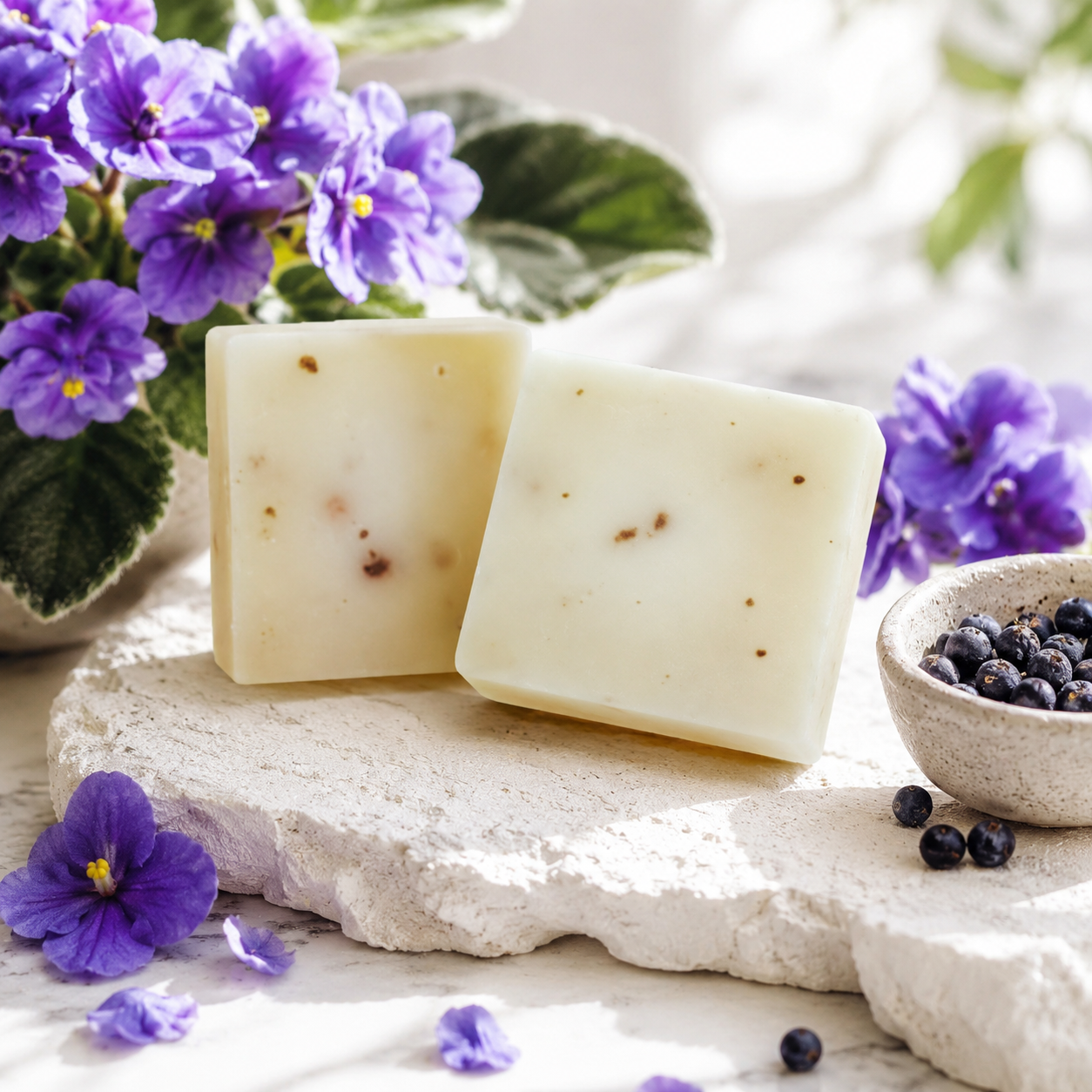 African Violet Soap Bars displayed with purple African violet flowers and juniper berries on a white stone surface.