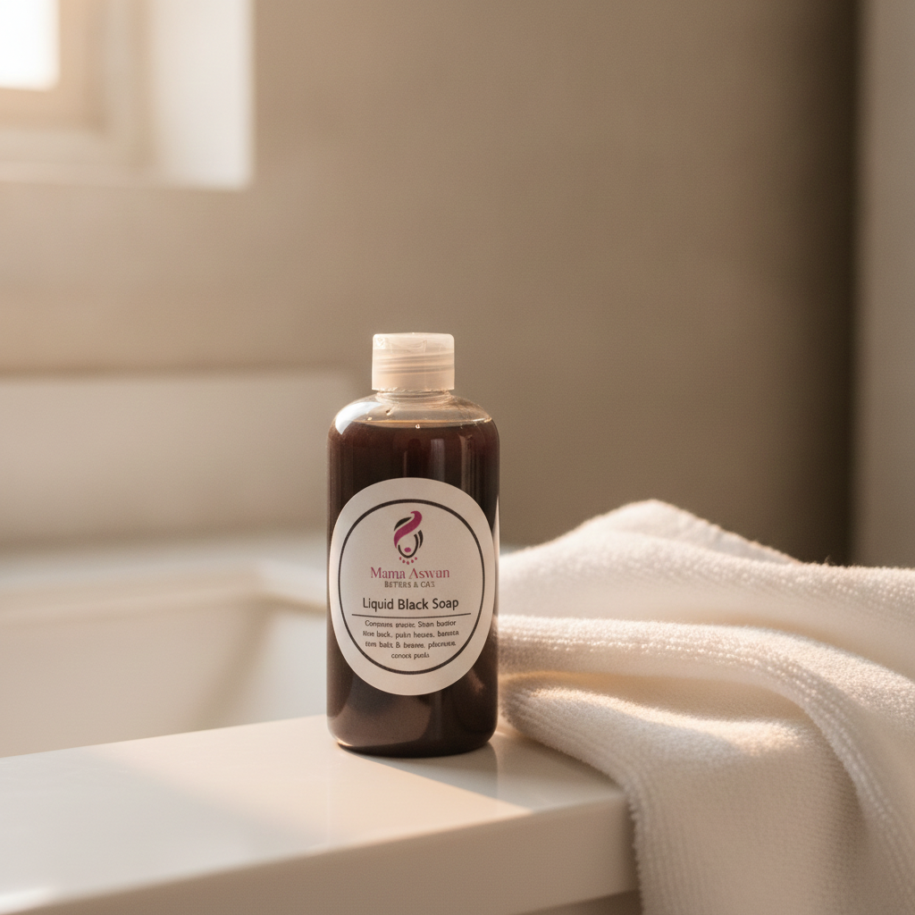 8 oz Liquid African Black Soap on a bathroom counter beside folded white towels in warm natural light.