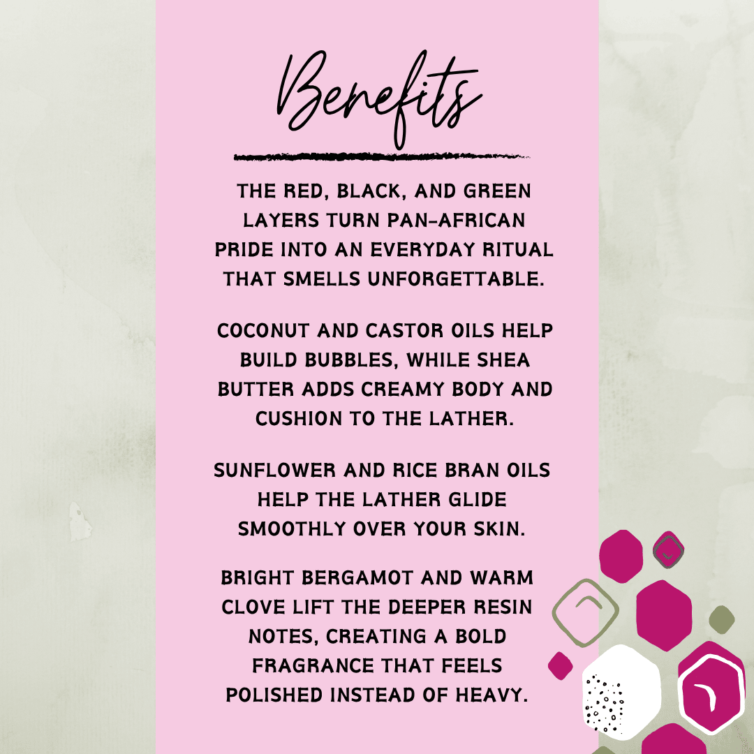 Liberation Lather benefits featuring Pan-African-inspired layers, creamy lather, plant-based oils, and a warm bergamot fragrance