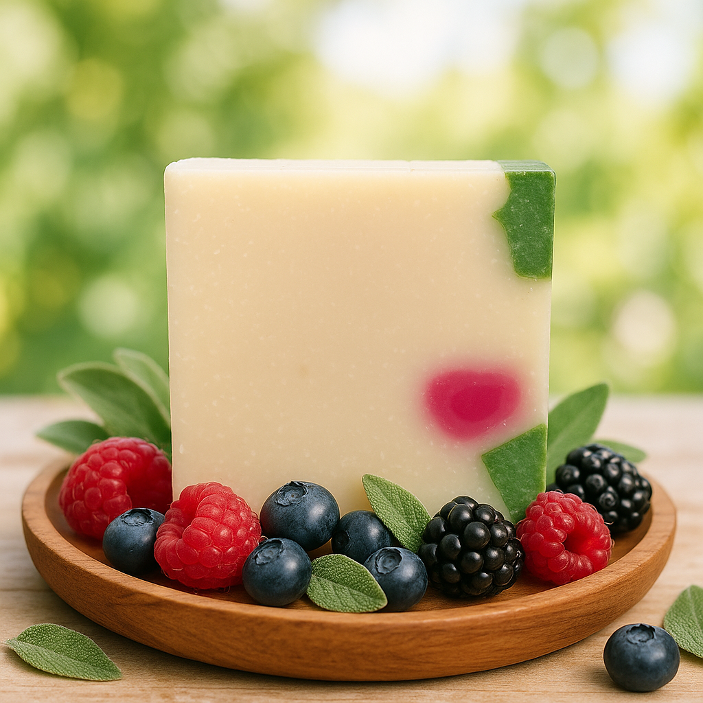 A bar of handmade soap with embedded berries and herbs, surrounded by fresh raspberries, blueberries, blackberries, and sage leaves on a wooden tray.