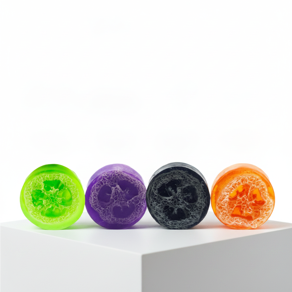 Four Loofah Soap Bars in green, purple, black, and orange standing on a white pedestal.