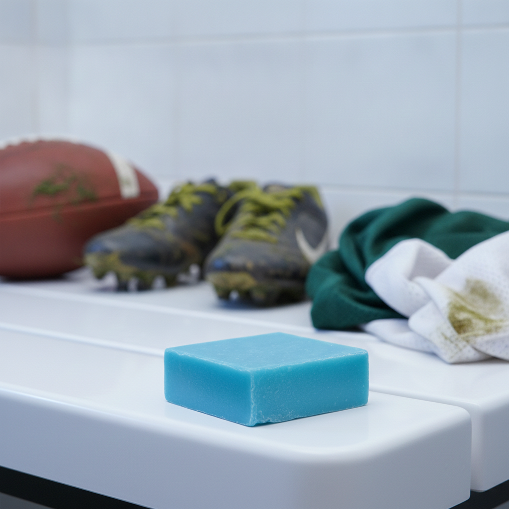Cool Spring Scrub Soap Bar on a locker room bench beside football gear, cleats, and a dirty towel.