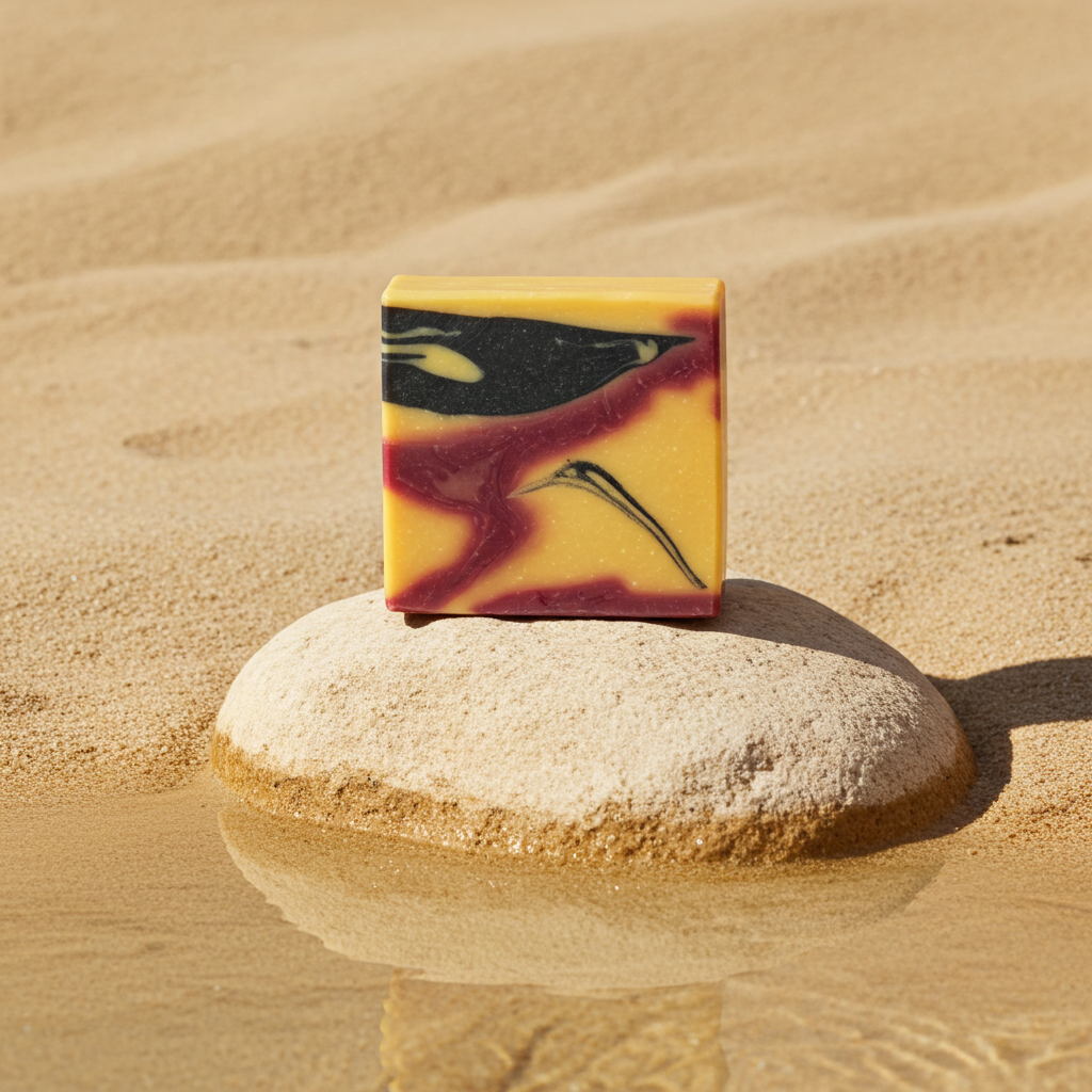 Nubia handmade soap bar on a stone in sand with soft golden desert light