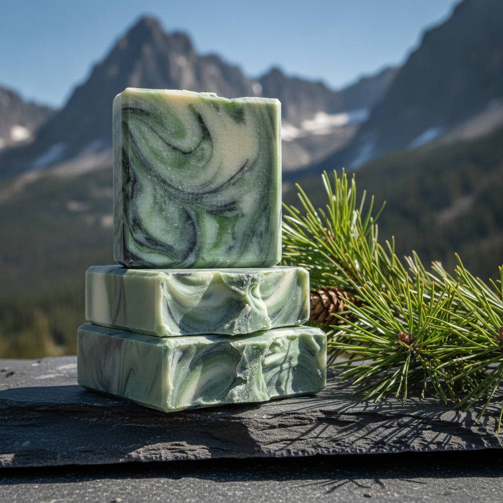 Stacked Mountain Air Soap Bars on a rock surface with evergreen branches and mountains in the background.