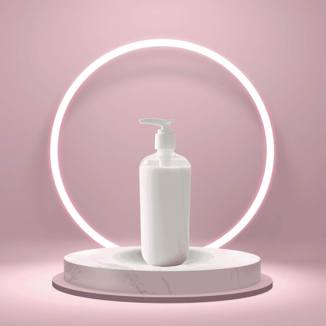 A soft studio-style hero image of Sensitive Skin Body Wash from The White Line, displayed on a pink pedestal with a glowing circular backdrop for a polished, minimal look.