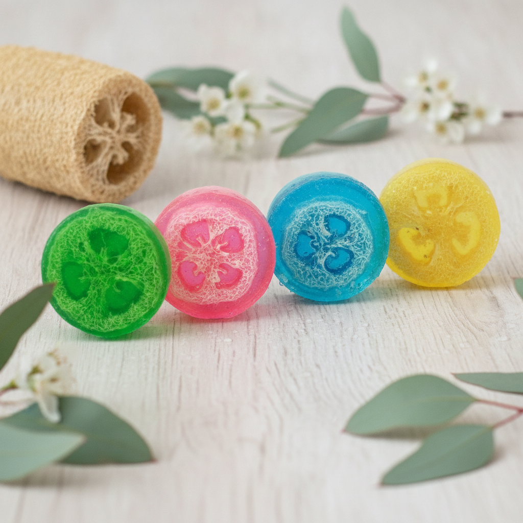 Four colorful Loofah Soap Bars displayed with a natural loofah sponge, flowers, and eucalyptus.