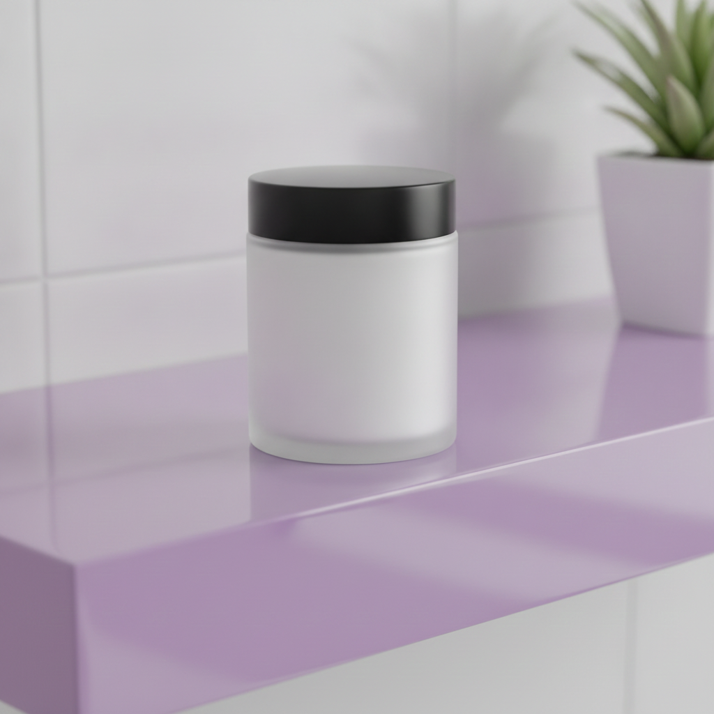 Smooth Body Cream on a glossy lavender bathroom shelf beside a small green plant.