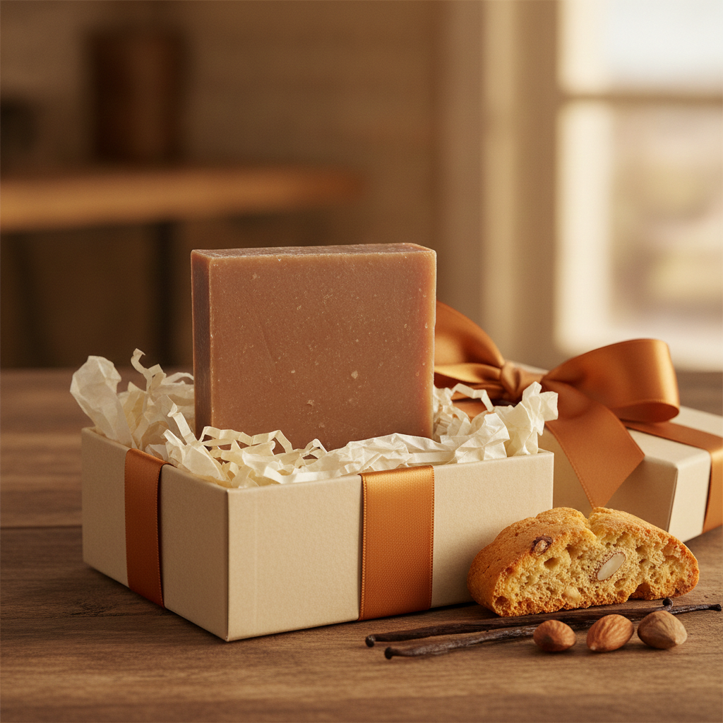 French Vanilla Biscotti Soap Bar in a gift box with biscotti, hazelnuts, and warm ribbon accents.