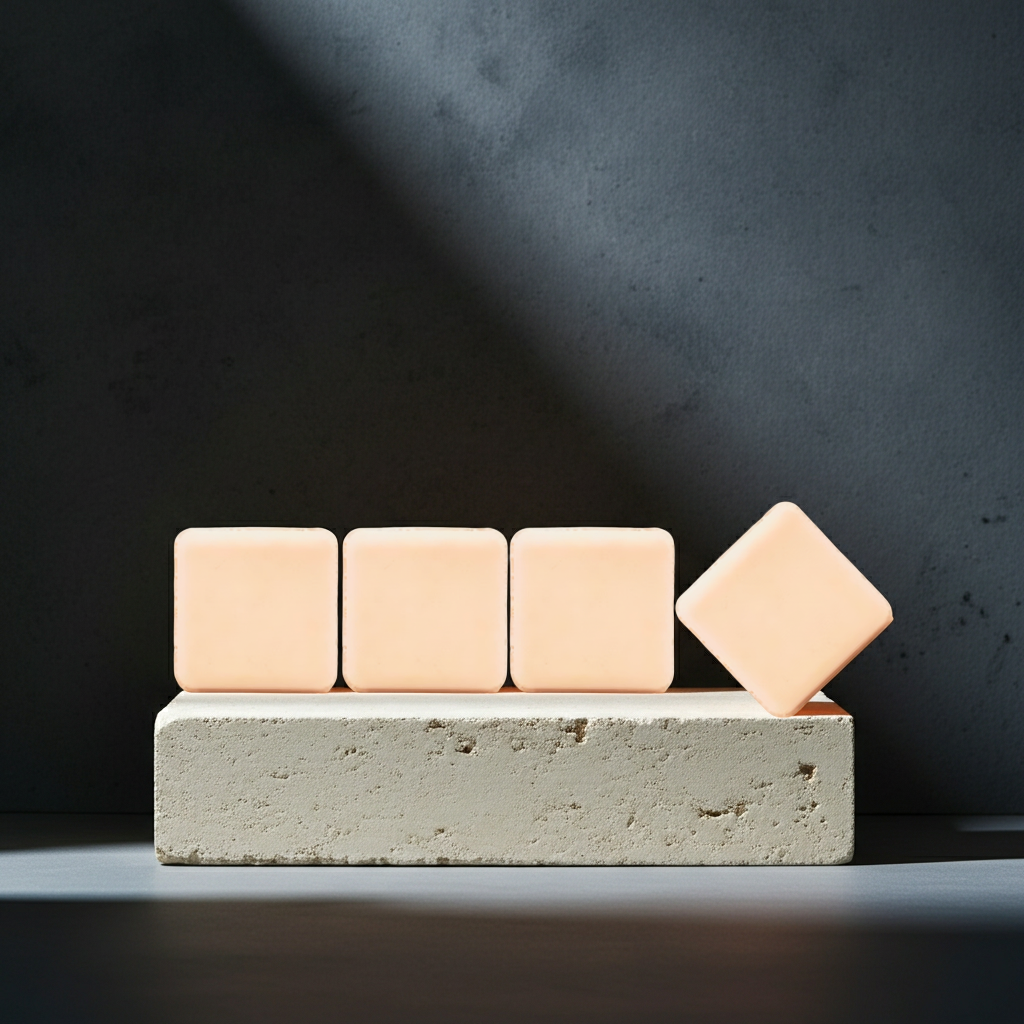 Four Nag Champa shower steamers arranged on a textured stone block, with one steamer tilted diagonally, under dramatic shadowed lighting.