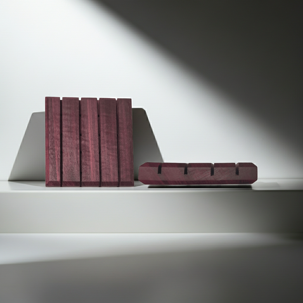 Two Purple Heart wood soap dishes on a shelf, one standing upright and one lying flat under a beam of light.