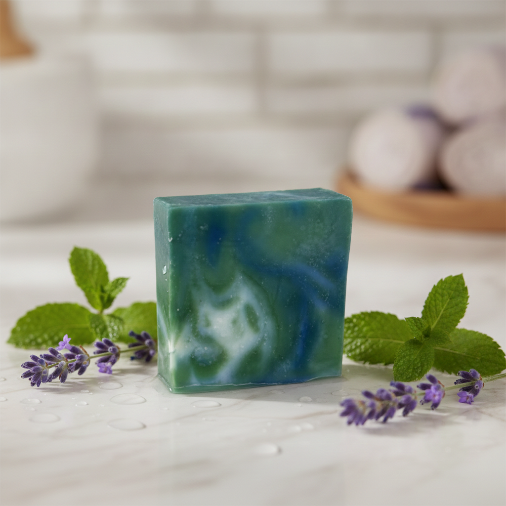 Lavender Mint Soap Bar on a marble surface with mint leaves, lavender sprigs, and water droplets.