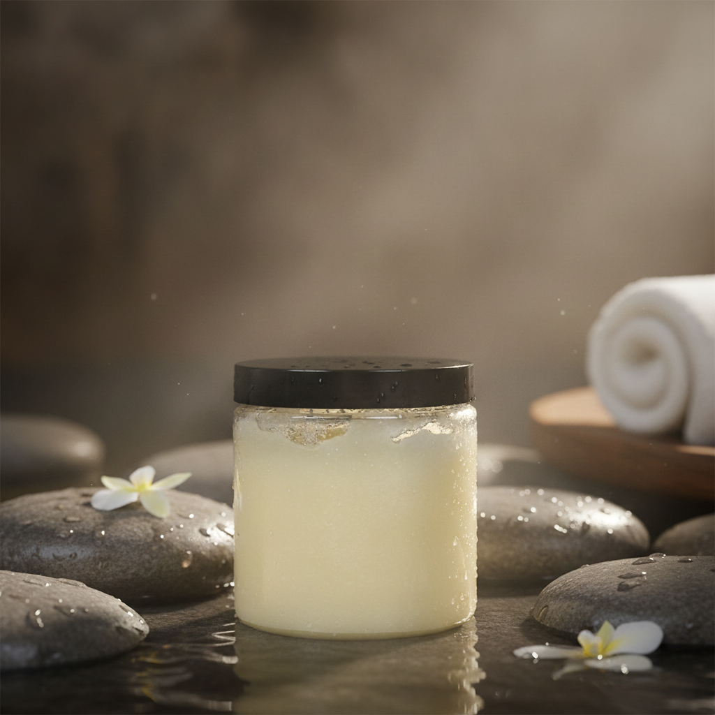 Sugar Scrub Gel displayed with spa stones, water droplets, and rolled towels in a warm bathroom scene.