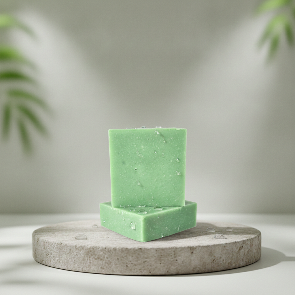 Apple Cider Vinegar Soap Bar stacked on a stone pedestal with soft green leaves in the background.