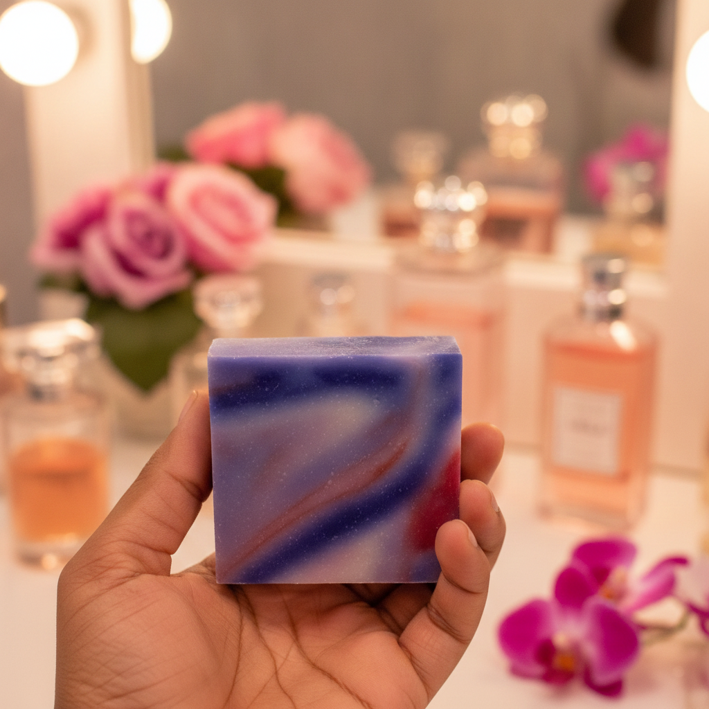 Wild Passion Soap Bar held in a hand with perfume bottles, pink roses, and bright vanity lighting in the background.