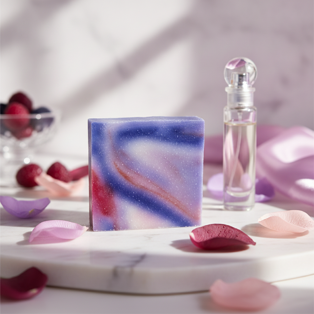 Wild Passion Soap Bar on a marble tray beside a perfume bottle, rose petals, and soft pink accents.