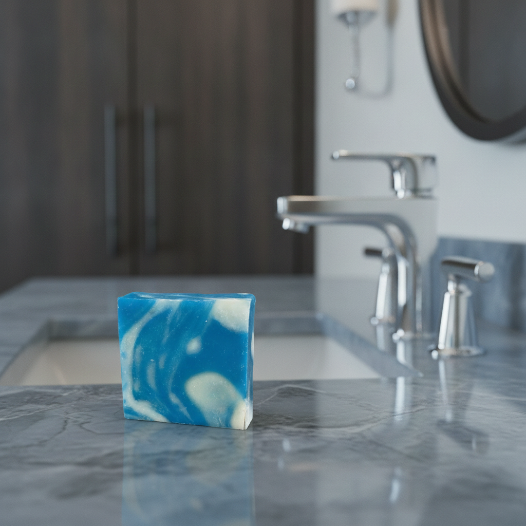 Cool Water Soap Bar on a marble bathroom counter beside a sink and chrome faucet.
