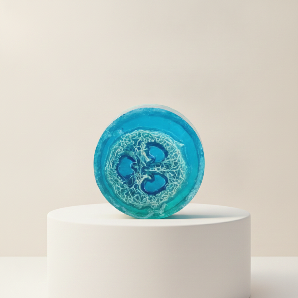 Blue Loofah Soap Bar displayed on a white pedestal against a soft neutral background.