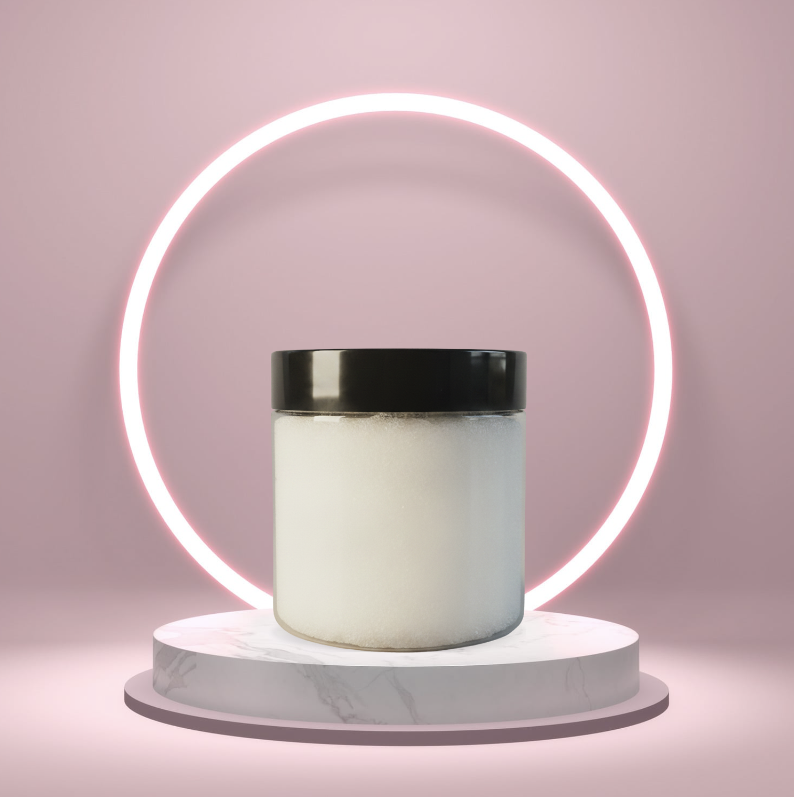 Mama Aswan Unscented Raw Sugar Scrub on a white pedestal with a glowing pink circle against a blush studio background.