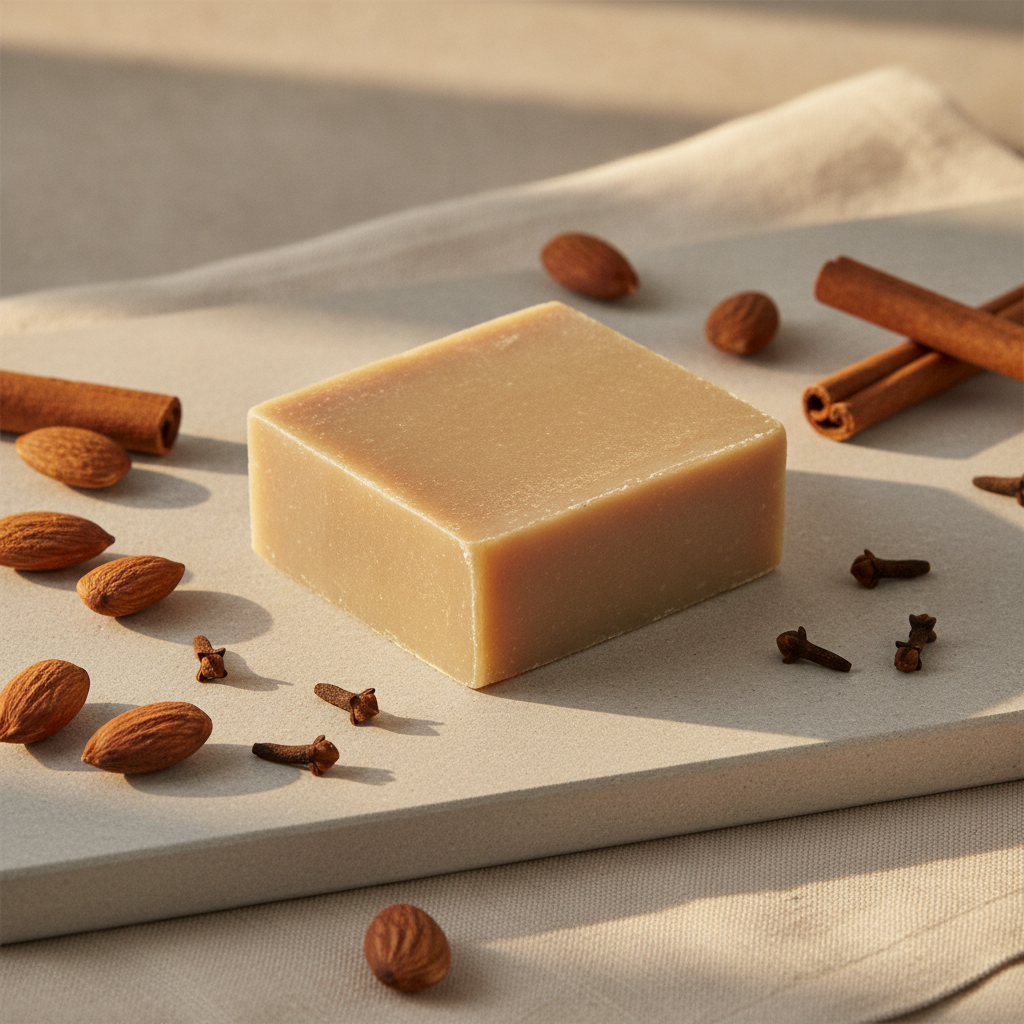 Almond Spice Soap Bar on a gray tray with almonds, cinnamon sticks, and cloves on soft fabric.