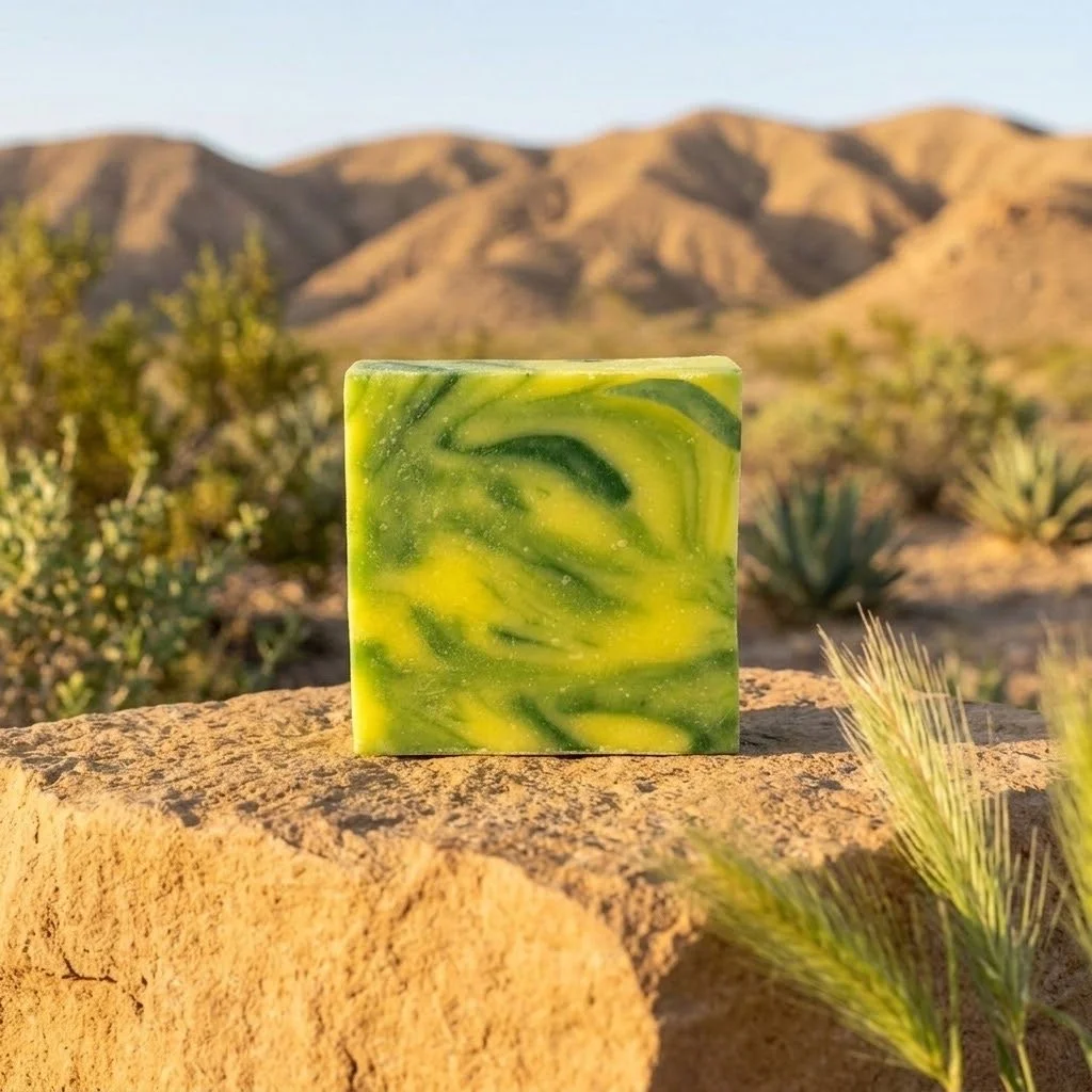Free Spirit soap bar displayed on a rock in a sunlit desert landscape.
