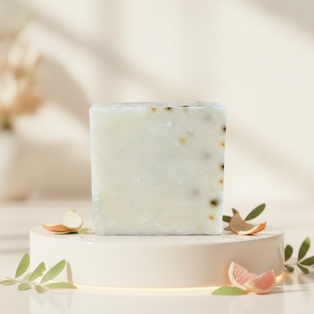 Grapefruit Tea Tree Scrub Soap Bar on a glowing white pedestal with grapefruit slices and soft green accents.