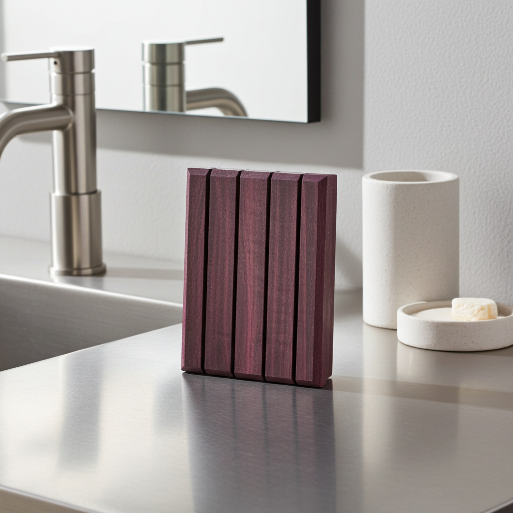 Purple Heart wood soap dish standing upright on a stainless steel bathroom counter beside a modern faucet and minimalist accessories.