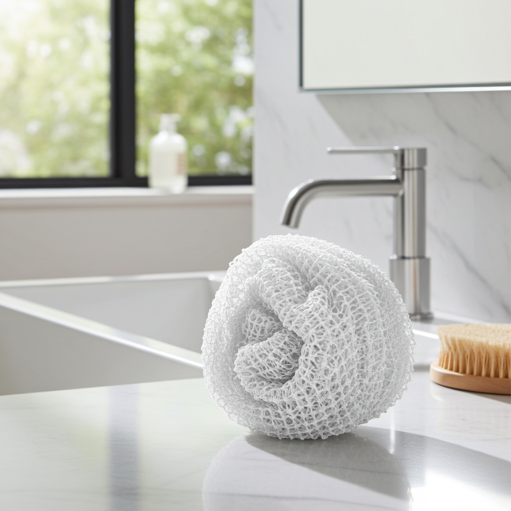 A lifestyle image of the White Sapo Sponge from The White Line by Mama Aswan styled on a bright sink counter near a faucet and body brush for an everyday self-care feel.