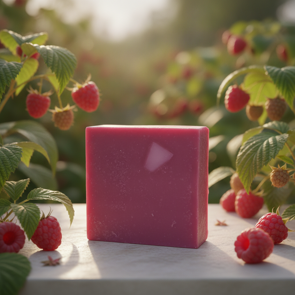 Raspberry Rush Soap Bar displayed outdoors with fresh raspberries and raspberry leaves.