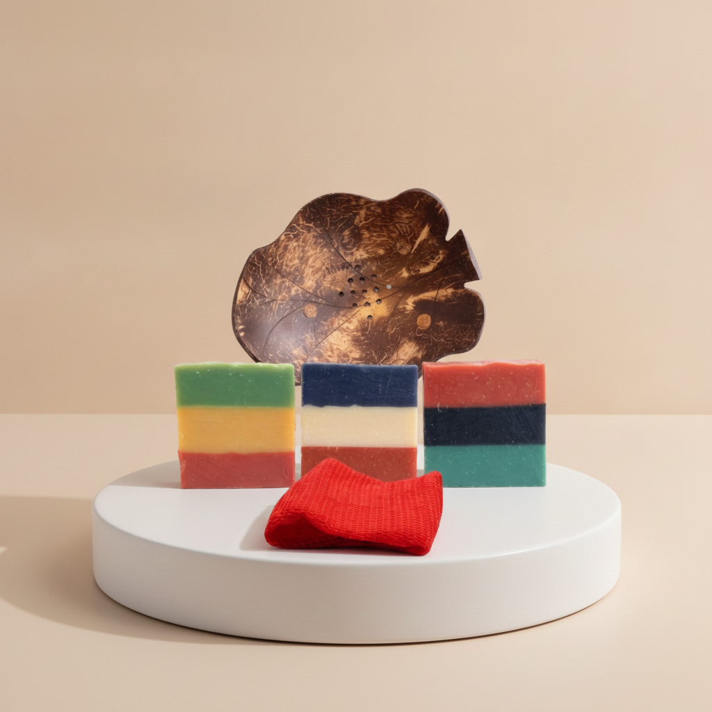 Heritage Trifecta Shower Set displayed on a white pedestal with three Heritage Line soaps, Coconut Shell Soap Dish, and red Sapo Sponge.