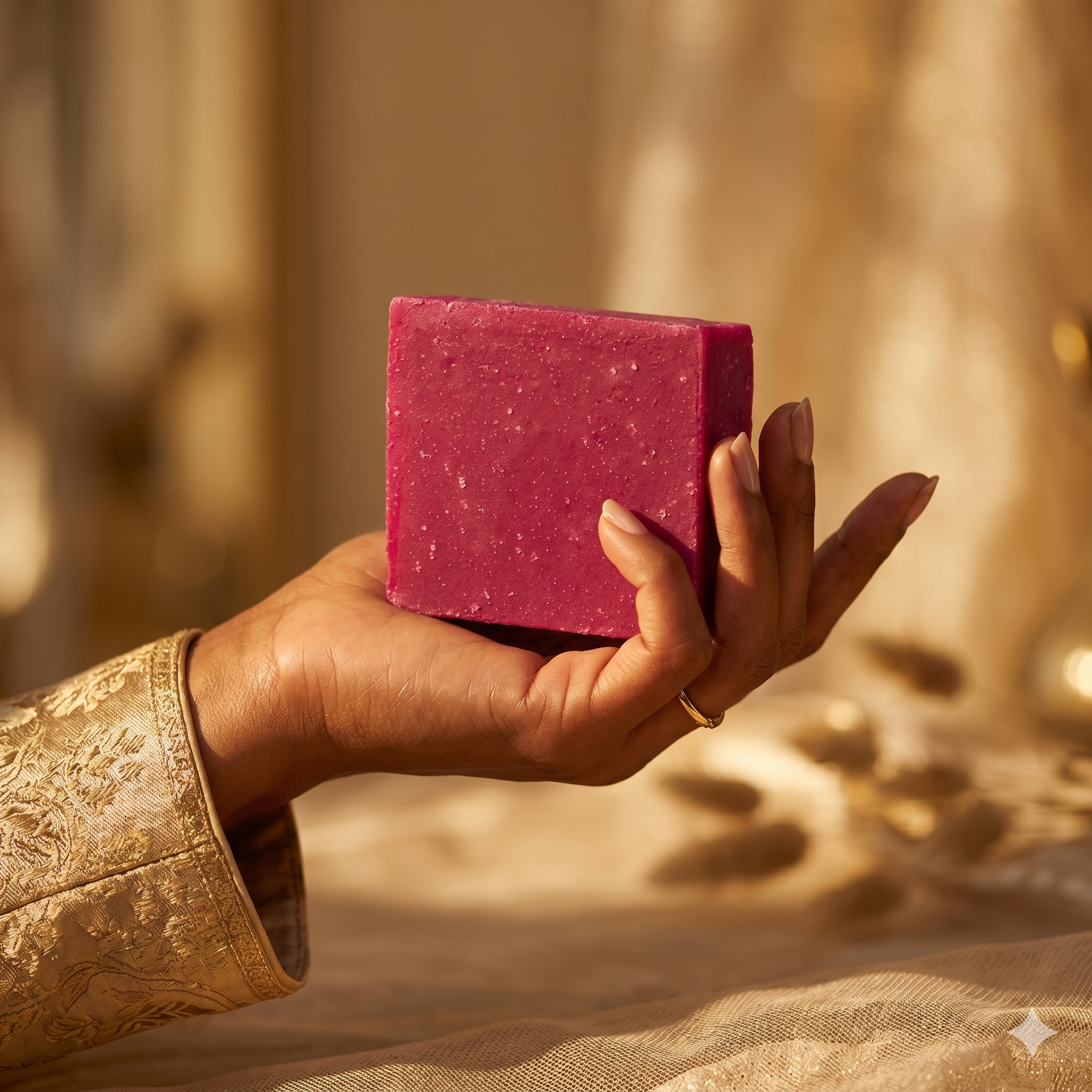 Sun-Kissed Empress soap bar held in hand with warm golden light and regal feminine styling