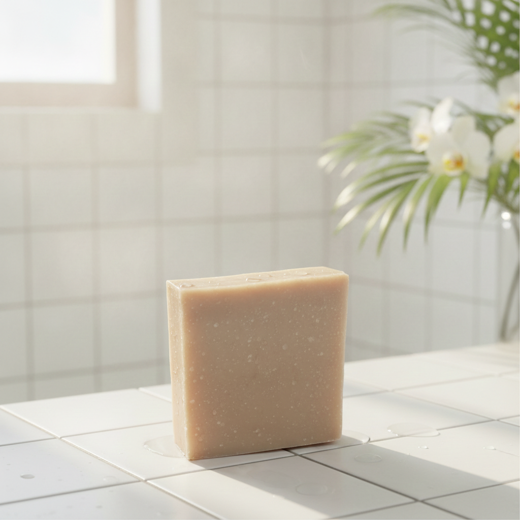 Lemon Coconut Soap Bar standing on white bathroom tile with soft sunlight and greenery.