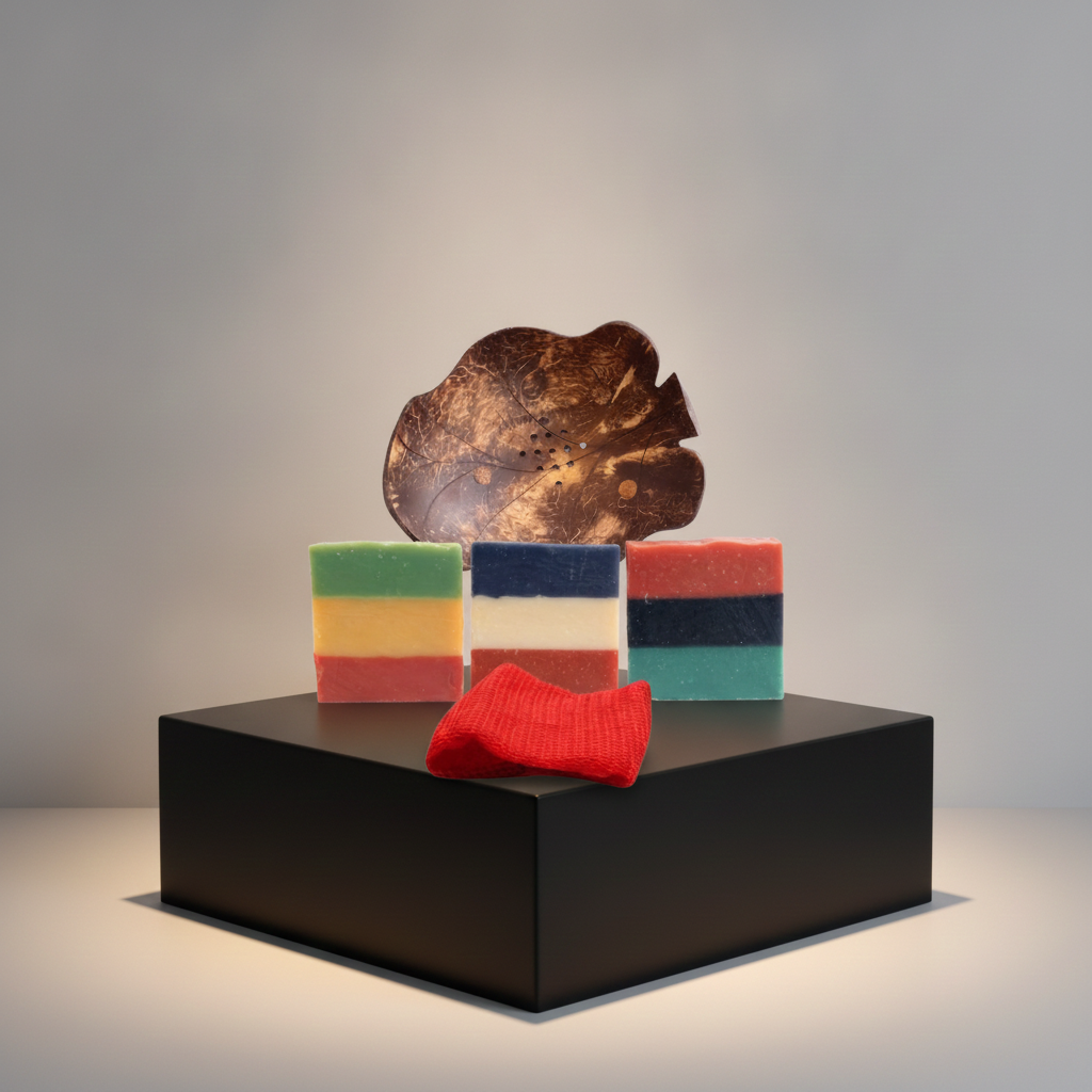 Full Heritage Trifecta Shower Set displayed on a black pedestal with three Heritage Line soaps, Coconut Shell Soap Dish, and red Sapo Sponge.