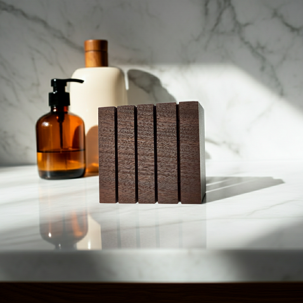 Square Edge Walnut wood soap dish standing on a marble counter in front of amber and cream bathroom bottles with soft sunlight.