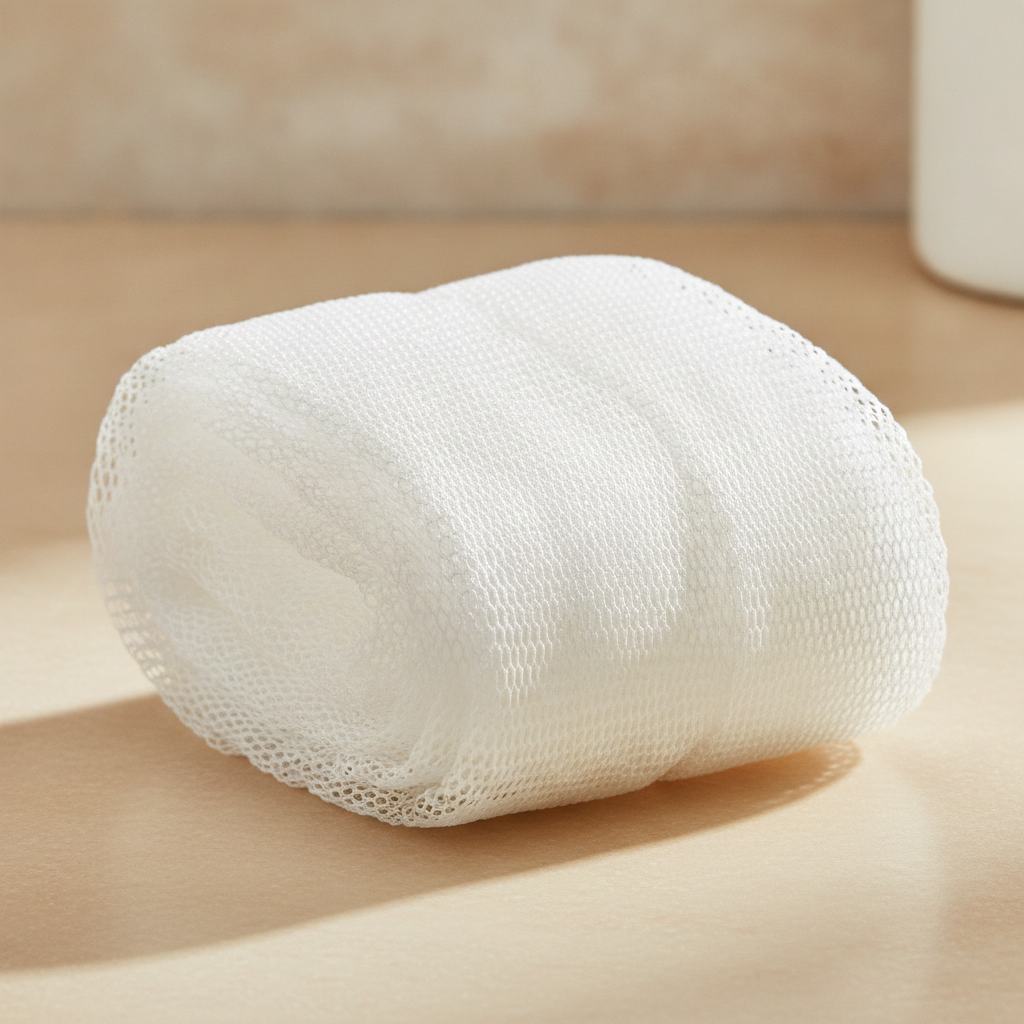 Folded Super Size White Sapo Sponge displayed on a warm neutral surface.