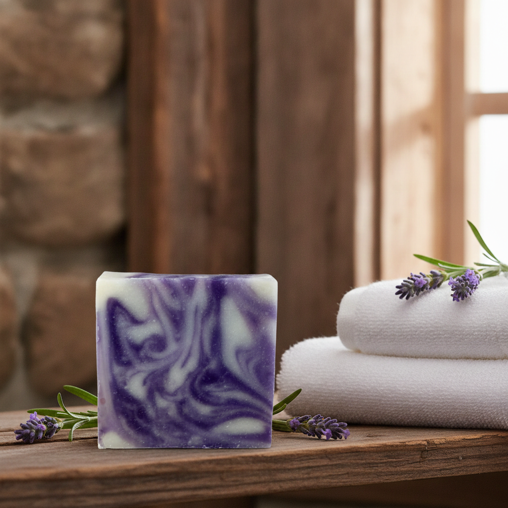 Lavender Soap Bar displayed on a wooden surface beside folded towels and lavender sprigs.