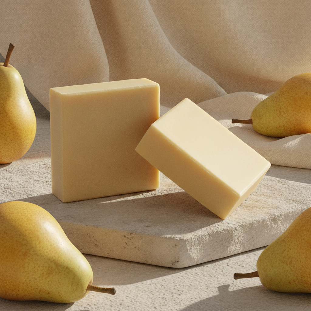 French Pear Soap Bars displayed on stone blocks with whole pears and soft neutral fabric.