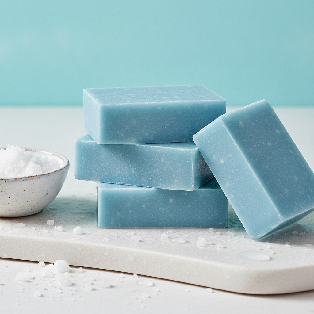 Stacked Cool Spring Scrub Soap Bars on a white tray with sea salt and water droplets.