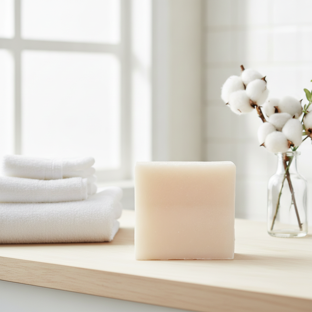Cotton Blossom Soap Bar on a wooden bathroom shelf beside folded towels and cotton stems in a glass vase.