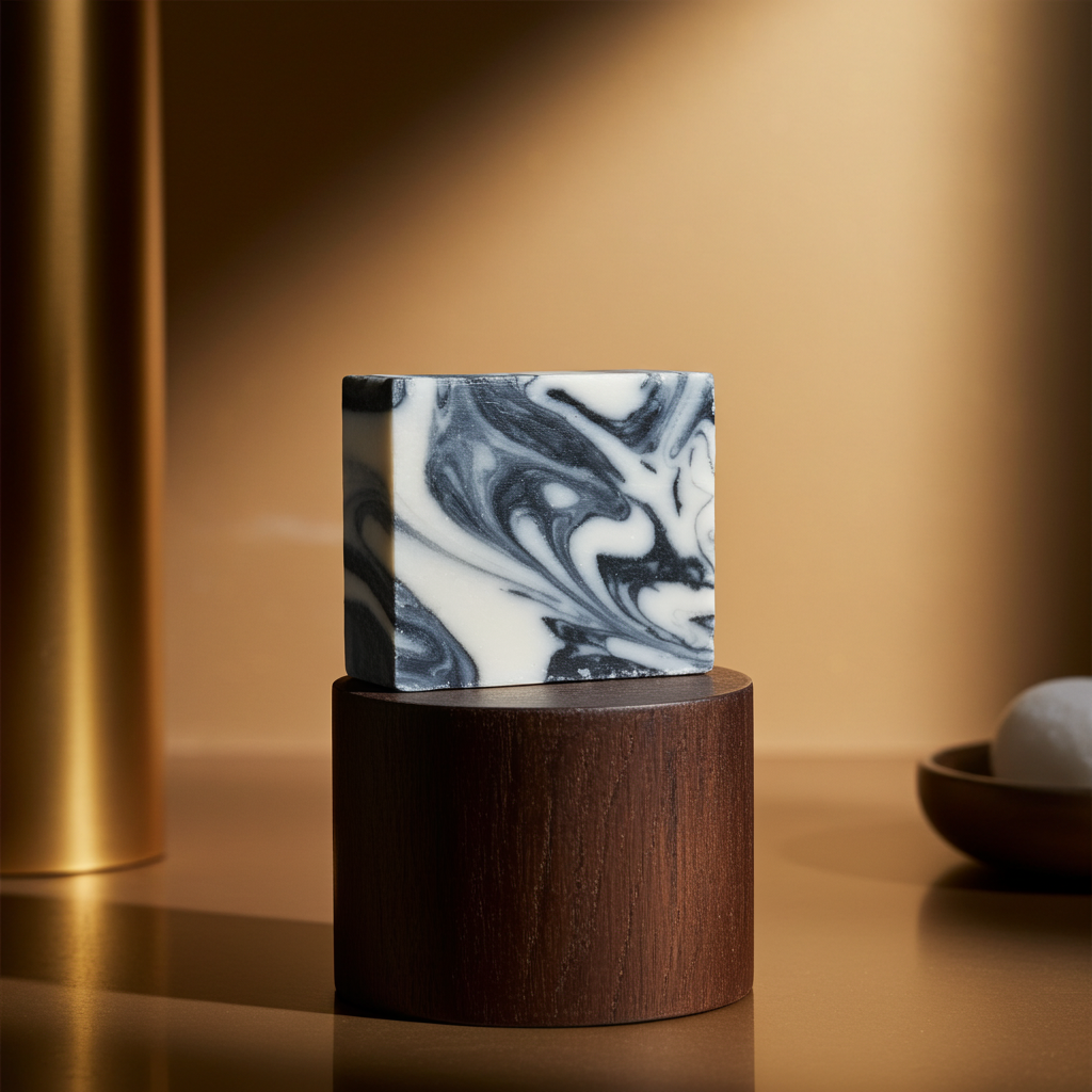 Sapeur Swagger handmade soap bar on a wooden pedestal in warm golden light with smooth tailored styling