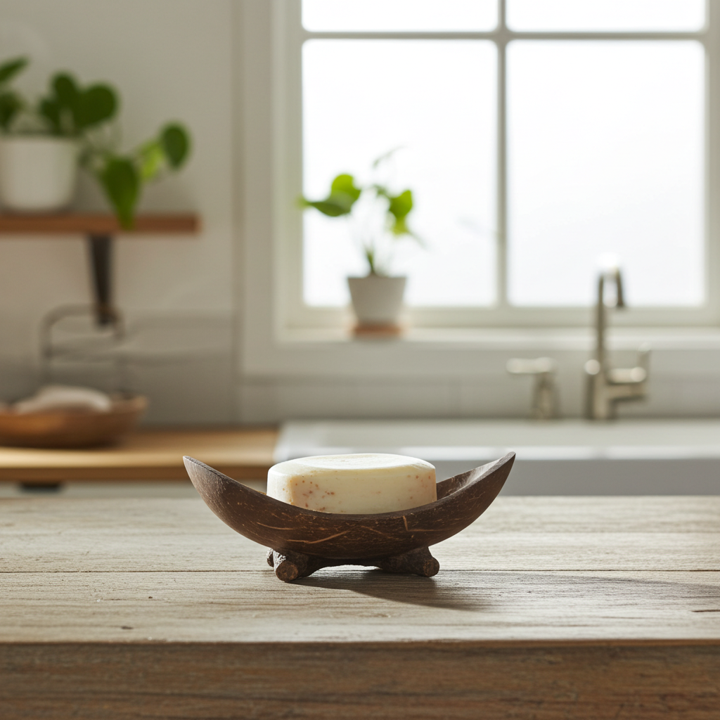 Boat-shaped coconut shell soap dish with small legs holding a round soap bar on a wooden counter in a bright kitchen.