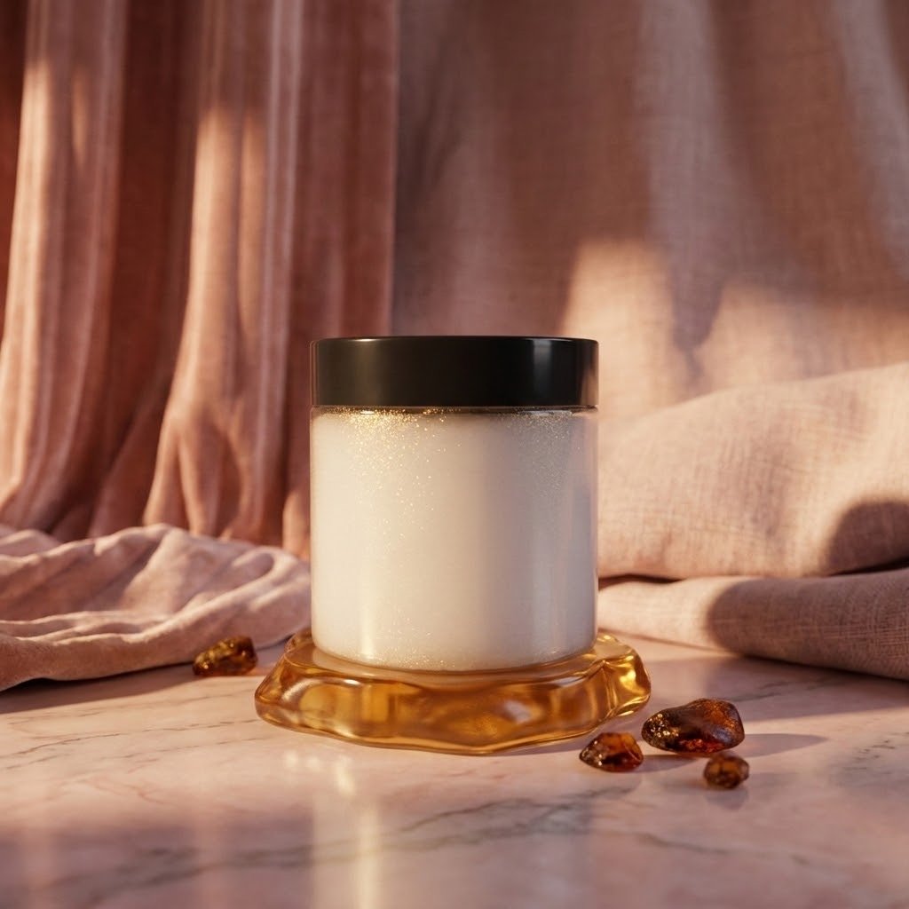 White jar of Thick With It body butter displayed on an amber-colored stand with soft draped fabric and decorative amber accents.