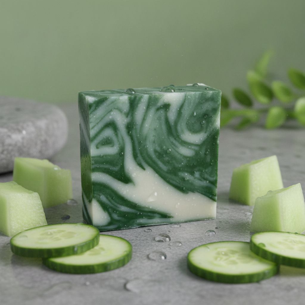 Cucumber Melon Soap Bar with cucumber slices, melon pieces, and water droplets on a gray surface.