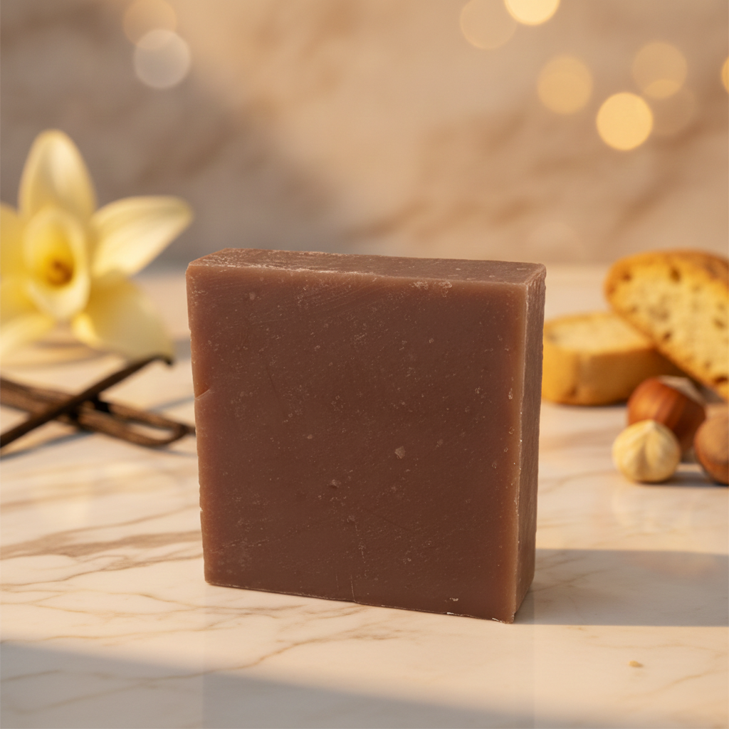French Vanilla Biscotti Soap Bar with vanilla beans, hazelnuts, biscotti, and soft warm lighting.
